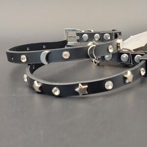 Leather Cat Collars with Bell and Belt Moon and Stars Stud Black 2 Total collars